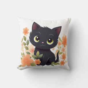 Almofada Gatinho Preto Doce com Flores Kawaii Chibi