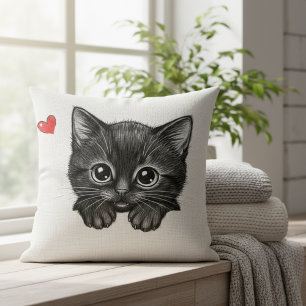Almofada Gatinho Preto Fofo Espiando Coração de Gatito