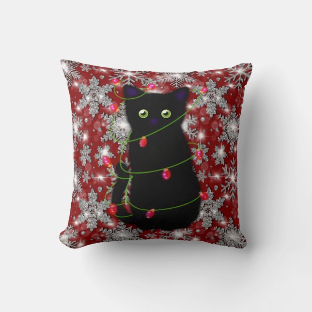 Almofada Gatinho preto fofo Meowy Natal floco de neve cinti (Frente)
