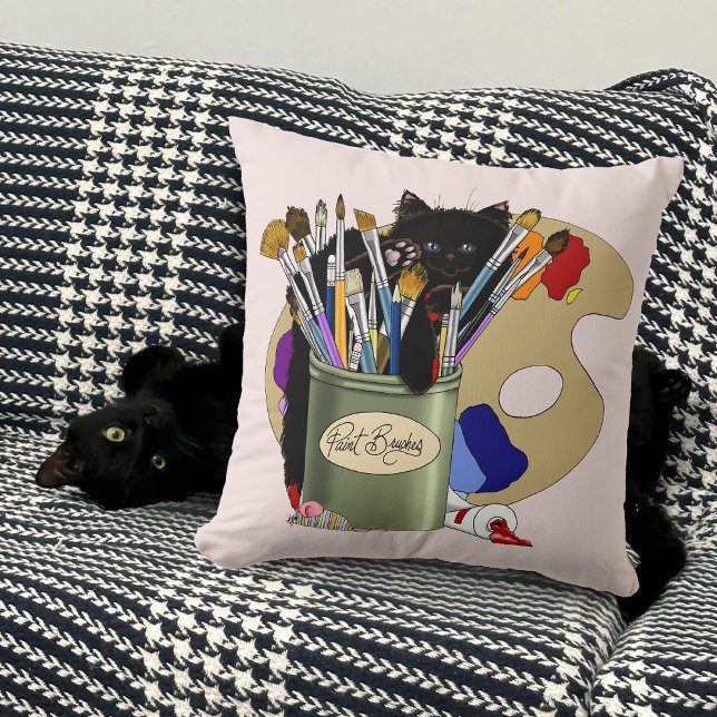 Almofada Gatinho Preto Pincel Jar Artista Gato Rosa (Criador carregado)