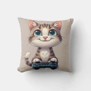 Almofada Gatinho Segurando Controle de Jogo Gato Gamer Sorr