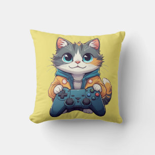 Almofada Gatinho Segurando Controle de Jogo Gato Gamer Sorr