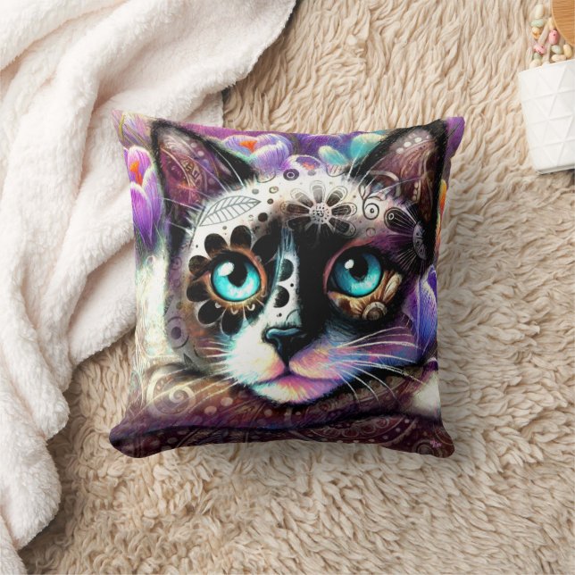Almofada Gatinho Siamês Gato Crocus Floral Purple Teal Whit (Cobertor)