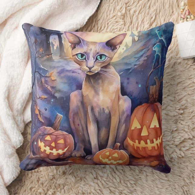 Almofada Gato Abissínio de Halloween com Abóboras Assustado (Cobertor)