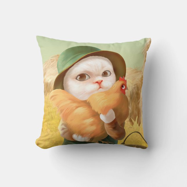 Almofada Gato Adorável com Hen na Fazenda (Frente)