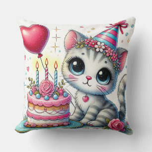 Almofada Gato Adorável Comemora Aniversário com Bolo