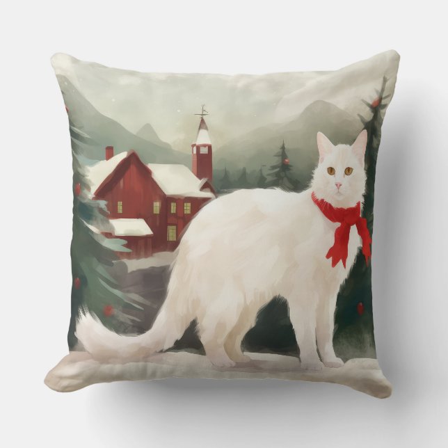 Almofada Gato Angorá Turco no Natal com Neve (Frente)