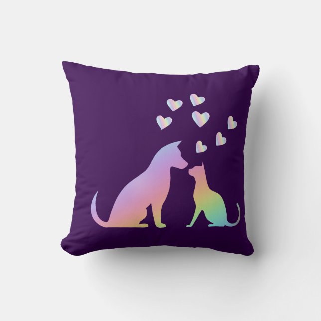 Almofada Gato Arco-Íris Fofo e Silhueta de Cachorro Amor Ro (Frente)