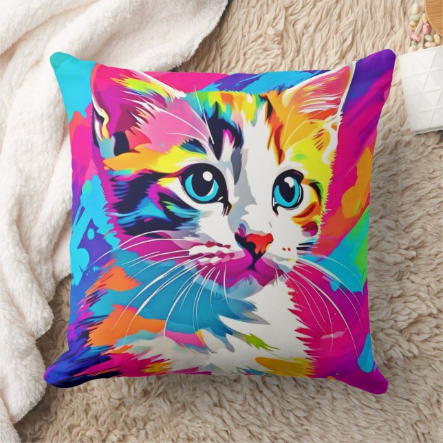 Almofada Gato Arco-Íris: Retrato Vivido (Cobertor)