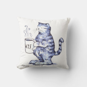 Almofada Gato azul com xícara de WTF