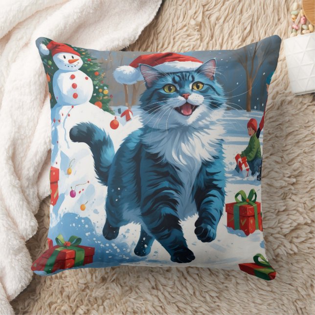 Almofada Gato Azul Oriental Sentado no Chapéu de Natal da N (Cobertor)