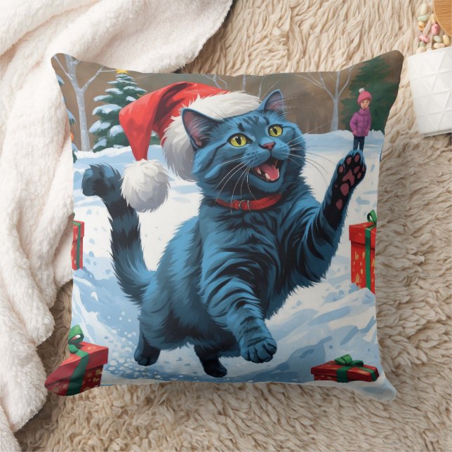 Almofada Gato Azul Russo Correndo Neve com Chapéu de Natal (Cobertor)