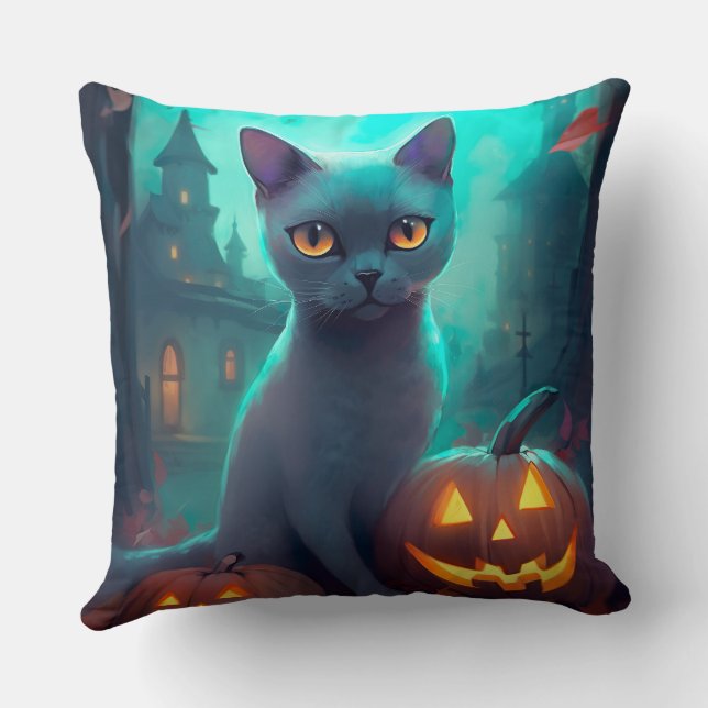 Almofada Gato Azul Russo Halloween Com Pumpkins Assustado (Verso)