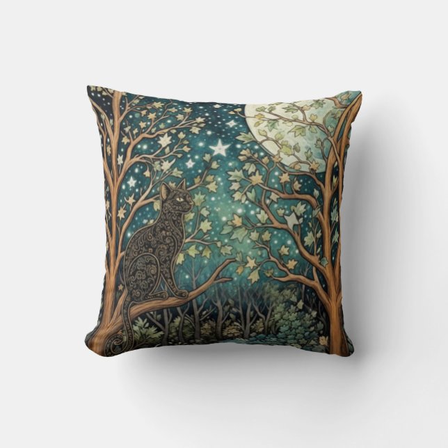 Almofada Gato boho céu noturno estrelado floresta (Frente)