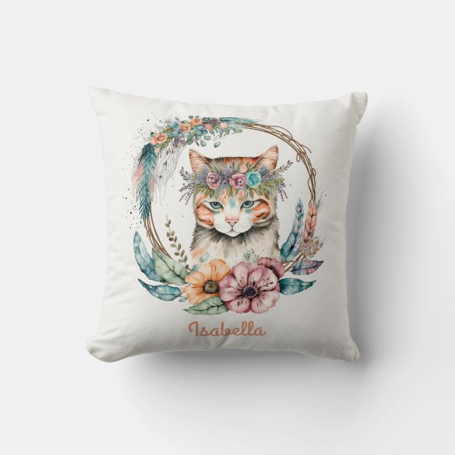 Almofada Gato Boho Floral Aquarela Fofo (Frente)
