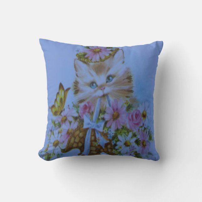 Almofada Gato Bonito ama azul claro e rosa (Frente)