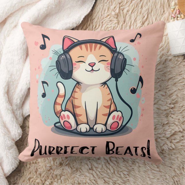 Almofada Gato bonito com Fones de ouvido Kawaii Music Lover (Cobertor)