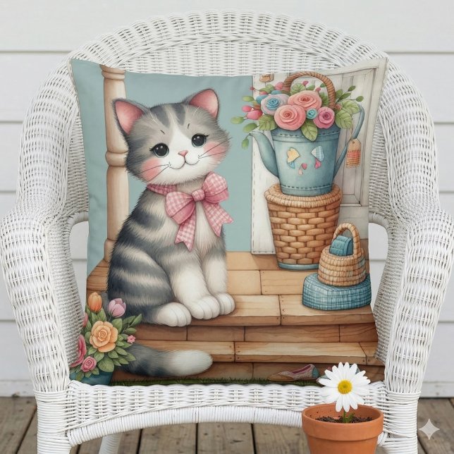Almofada Gato Bonito em Porch com Flores e Correspondência (Porch Kitty Floral Patchwork Scene Throw Pillow Mockup A)