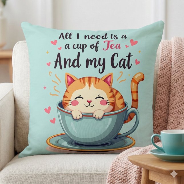 Almofada Gato bonito em Teacup Kawaii Cozy Art (Cute Cat in Teacup Kawaii Cozy Art Throw Pillow Mockup A)