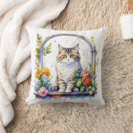 Almofada Gato Bonito na Janela Flores Personalizadas
