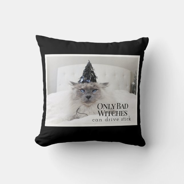 Almofada Gato Bonito "Só Bruxas Más Podem Dirigir Pau" (Frente)