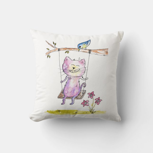 Almofada Gato Branco Cinto-Rosa em Swing (Frente)