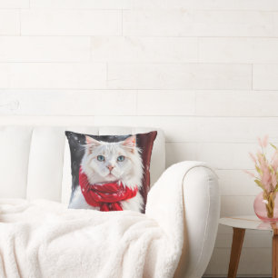 Almofada Gato Branco com a espinha vermelha de inverno
