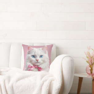 Almofada Gato Branco com Fitas Rosa