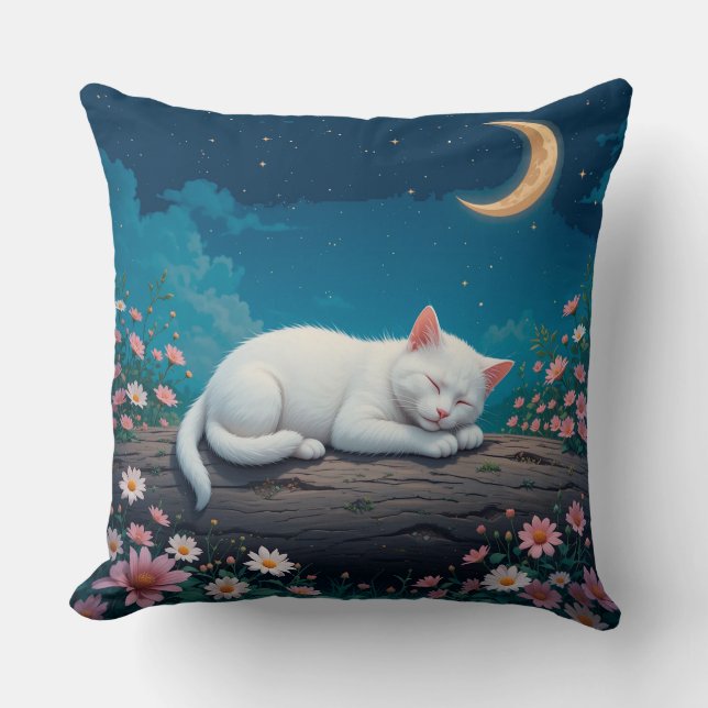 Almofada Gato Branco Dormindo Pacificamente em um Tronco (Frente)