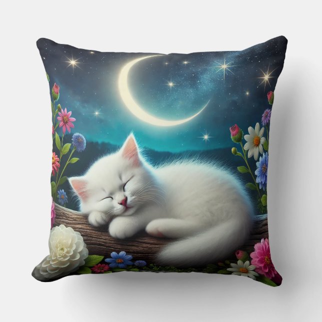 Almofada Gato Branco Dormindo Tranquilamente ao Ar Livre (Frente)