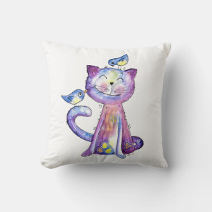 Almofada Gato Branco e Roxo Cugado com Aves