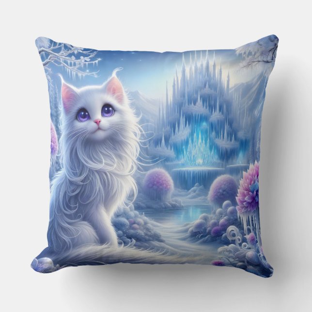 Almofada Gato Branco Elegante em um Realm Mágico de Neve (Frente)