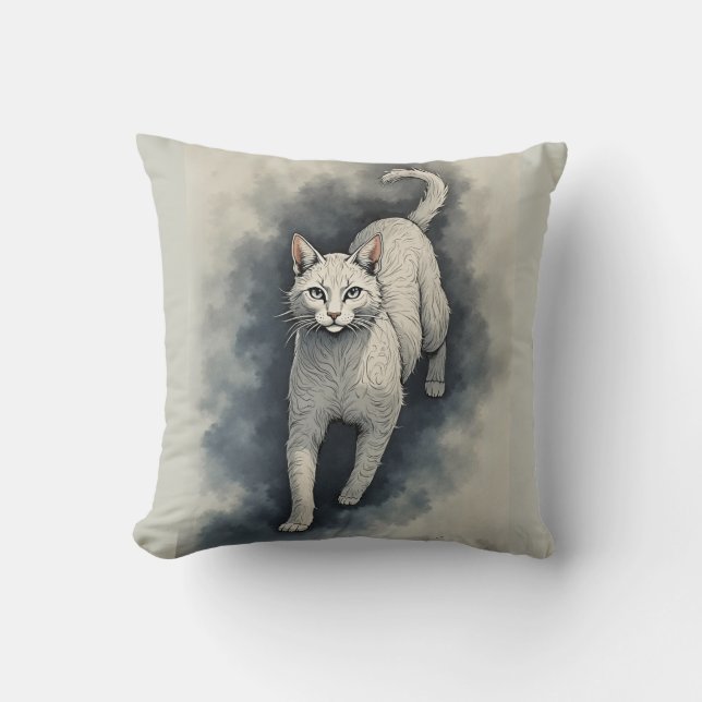 Almofada Gato Branco em Estilo de Desenho a Tinta Chinesa (Frente)