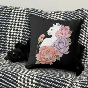 Almofada Gato Branco Floral Pastel Botânico Romântico Preto