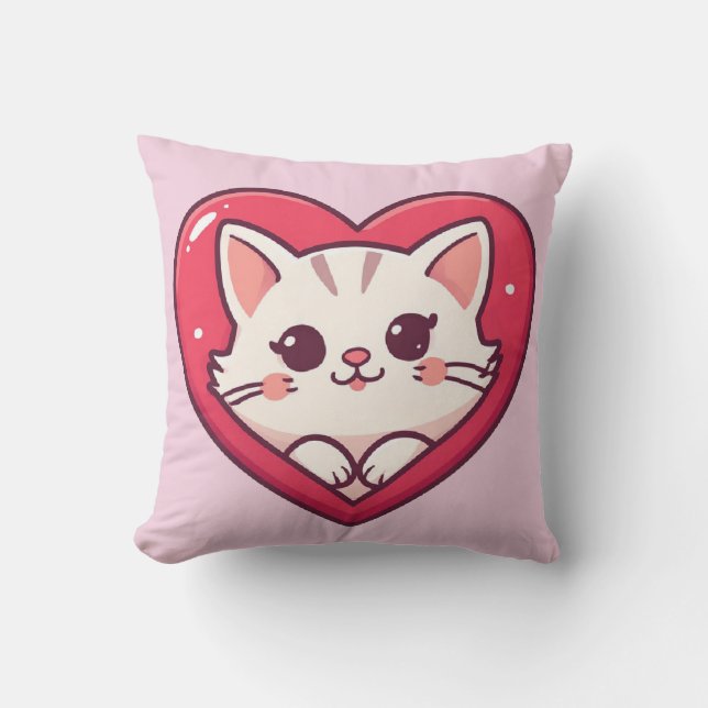 Almofada Gato Branco Fofo com Coração Desenho de Kawaii Kit (Frente)