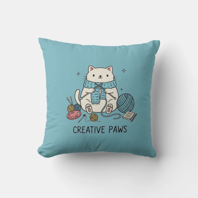 Almofada Gato Branco Tricotando Hobby Fofo Decoração de Cas (Frente)