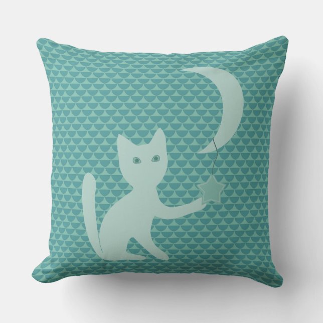 Almofada Gato Brincando com Lua e Estrelas Teal (Frente)