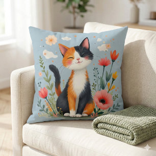 Almofada Gato Calico sorridente no Jardim Sangrento