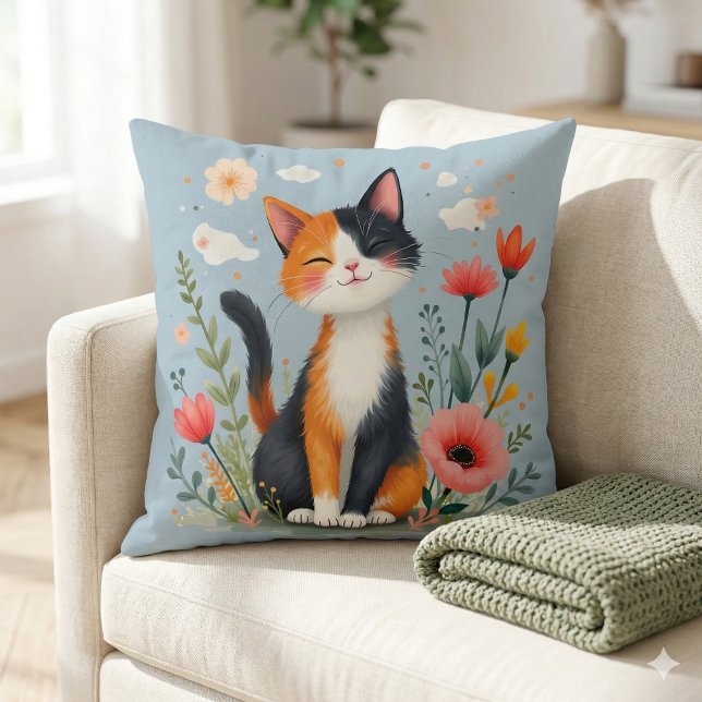 Almofada Gato Calico sorridente no Jardim Sangrento (Smiling Calico Cat in Blooming Garden Throw Pillow Mockup A)