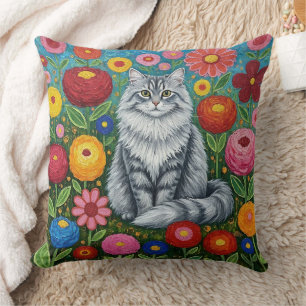 Almofada Gato Cinza Listrado Fofo com Flores de Arte Folcló