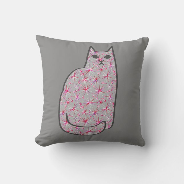 Almofada Gato, cinzas/cinza e rosa modernos do meio século (Frente)