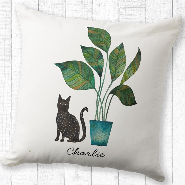 Almofada Gato com Aquarela Vegetal Personalizada (Cat with house plant personalized name watercolor art throw pillow)