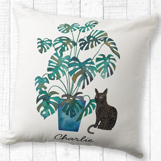 Almofada Gato com Monstera Plant Watercolor Personalizado (Cat with Monstera Swiss Cheese Plant watercolor personalized name throw pillow)