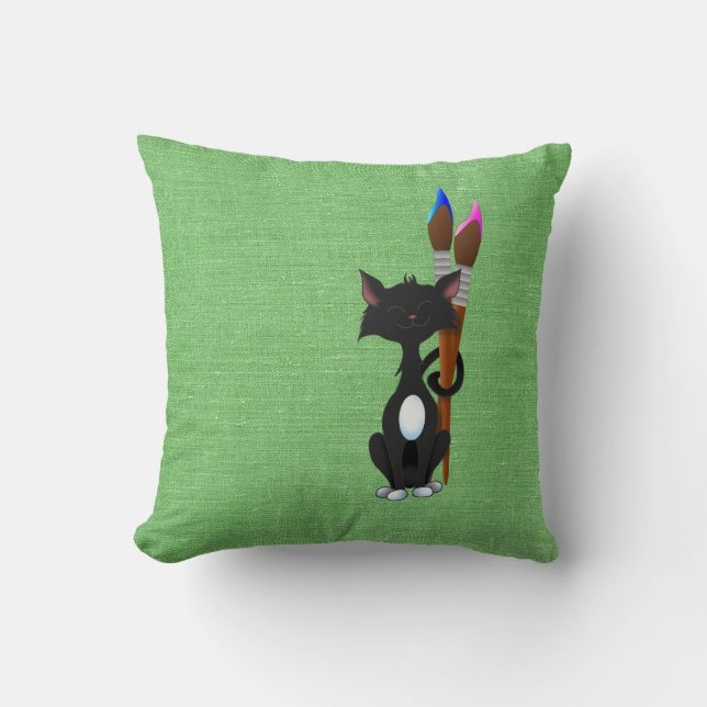 Almofada Gato Com Pincéis Sobre Verde (Frente)