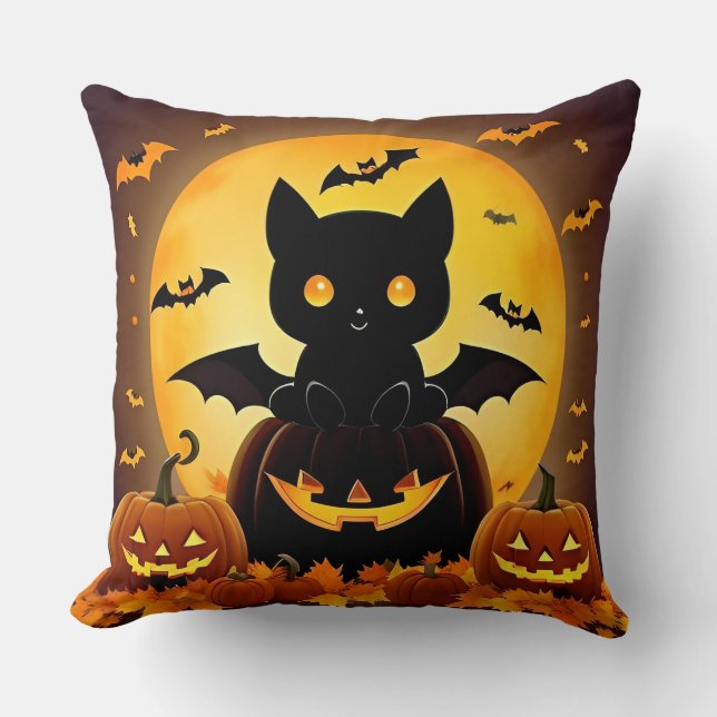 Almofada 🌕🐱 Gato da Lua Abóbora de Halloween Noite Aconch (Frente)