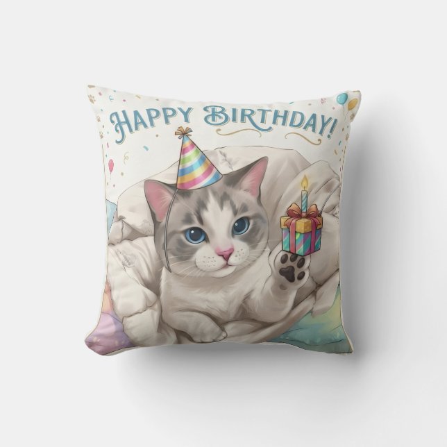 Almofada Gato de Aniversário Fofo com Chapéu de Festa e Pre (Frente)