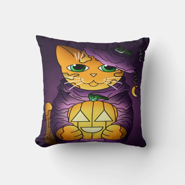 Almofada Gato de Bruxas de Halloween Roxo (Frente)
