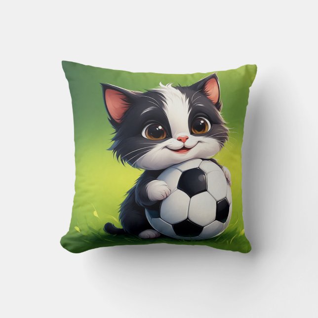 Almofada Gato de Cartoon Gato Segurando Bola de Futebol (Frente)