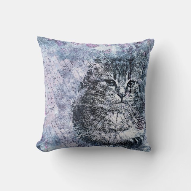 Almofada Gato de Cores Azuis Roxos (Frente)