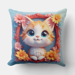 Almofada Gato de Desenho Animado Adorável Rodeado por Flore
